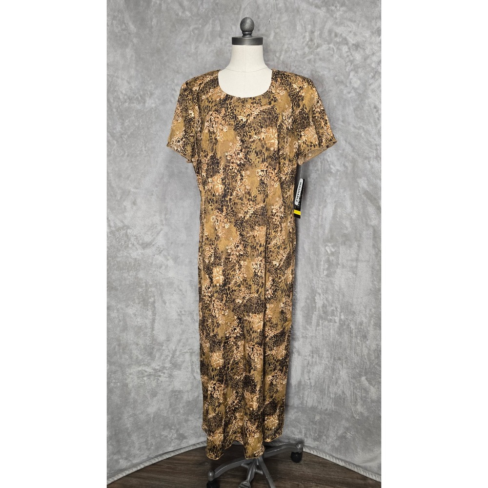 Vtg‎ Helene Blake Women 18 Brown Leopard Floral Print Short Sleeve Maxi Dress